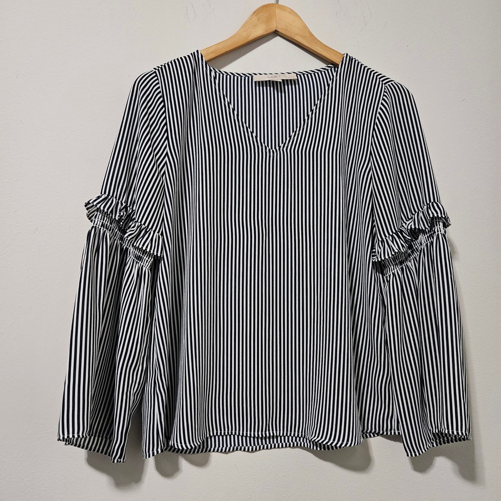 LOFT Petites‎ Navy Blue White Striped V-Neck Ruffle Bell Sleeve Blouse SP